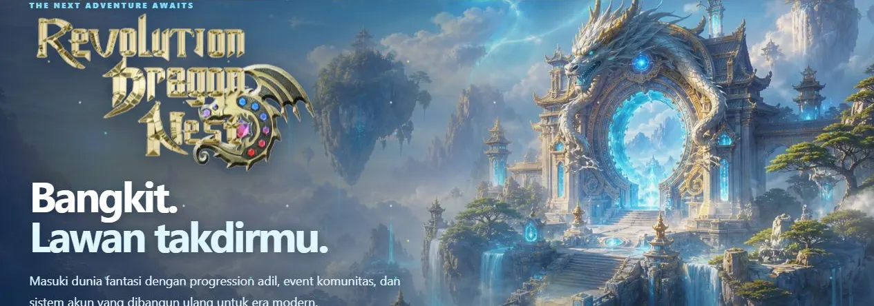 Tampilan beranda Revolution Dragon Nest dengan gerbang dunia fantasi